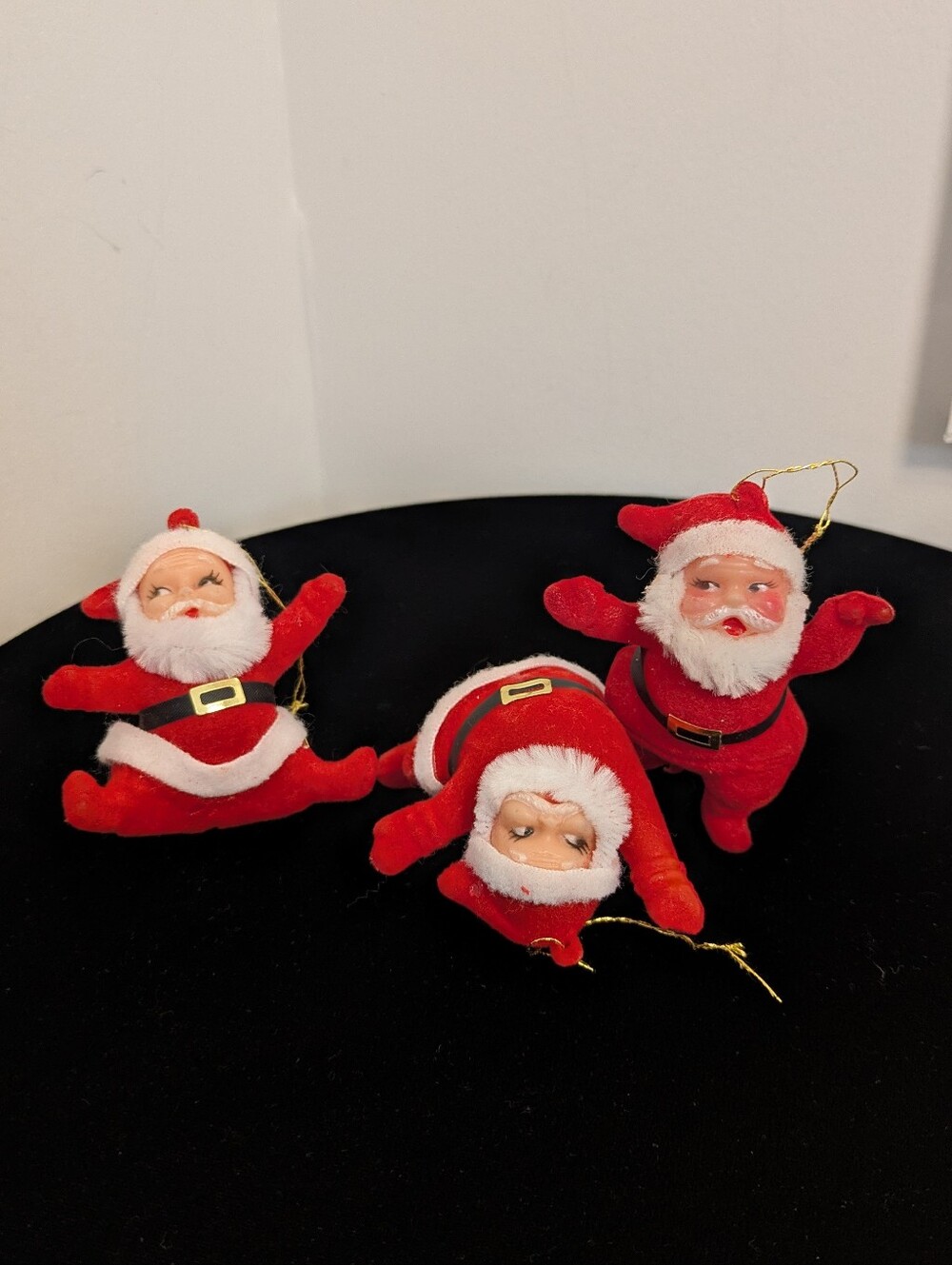 Vintage 1950's Flocked Dacing Red Santa Claus Blow Mold Ornaments Set of 3